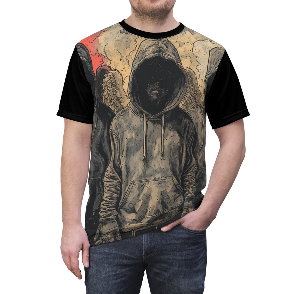 Mindset-Grim Hooded Angel Graphic Tee — Dark Streetwear All-Over Print