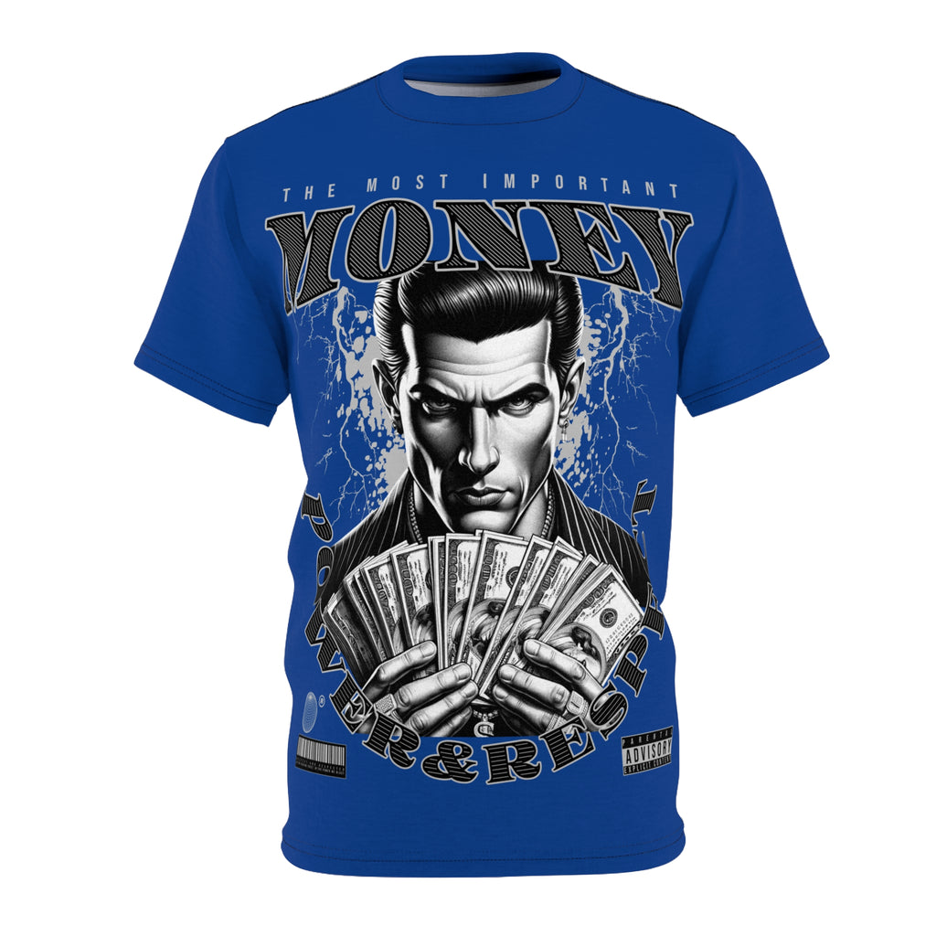 Streetwear-Money Power & Respect Graphic Tee — Bold Blue All-Over Print