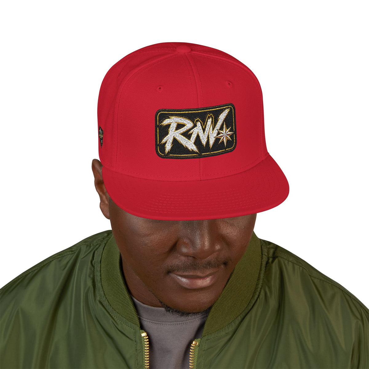Hat-Embroidered Snapback Hat – Gold Glitter 'RW' Logo Flat Brim Cap