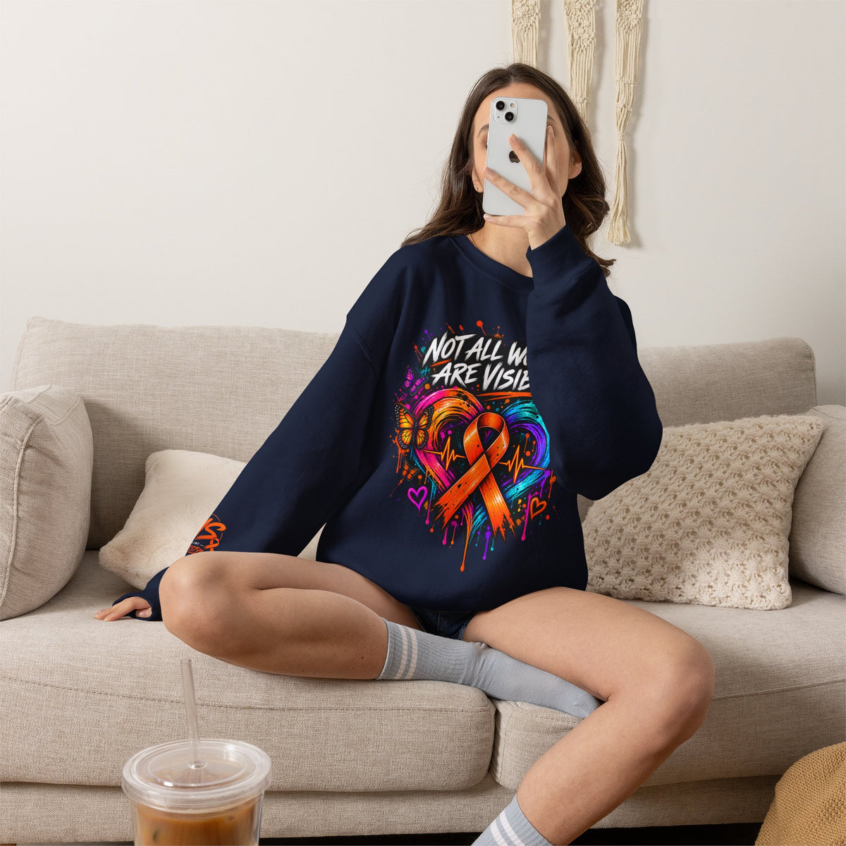 MS- Awareness Crewneck Sweatshirt — "Not All Wounds Are Visible" Orange Ribbon Design