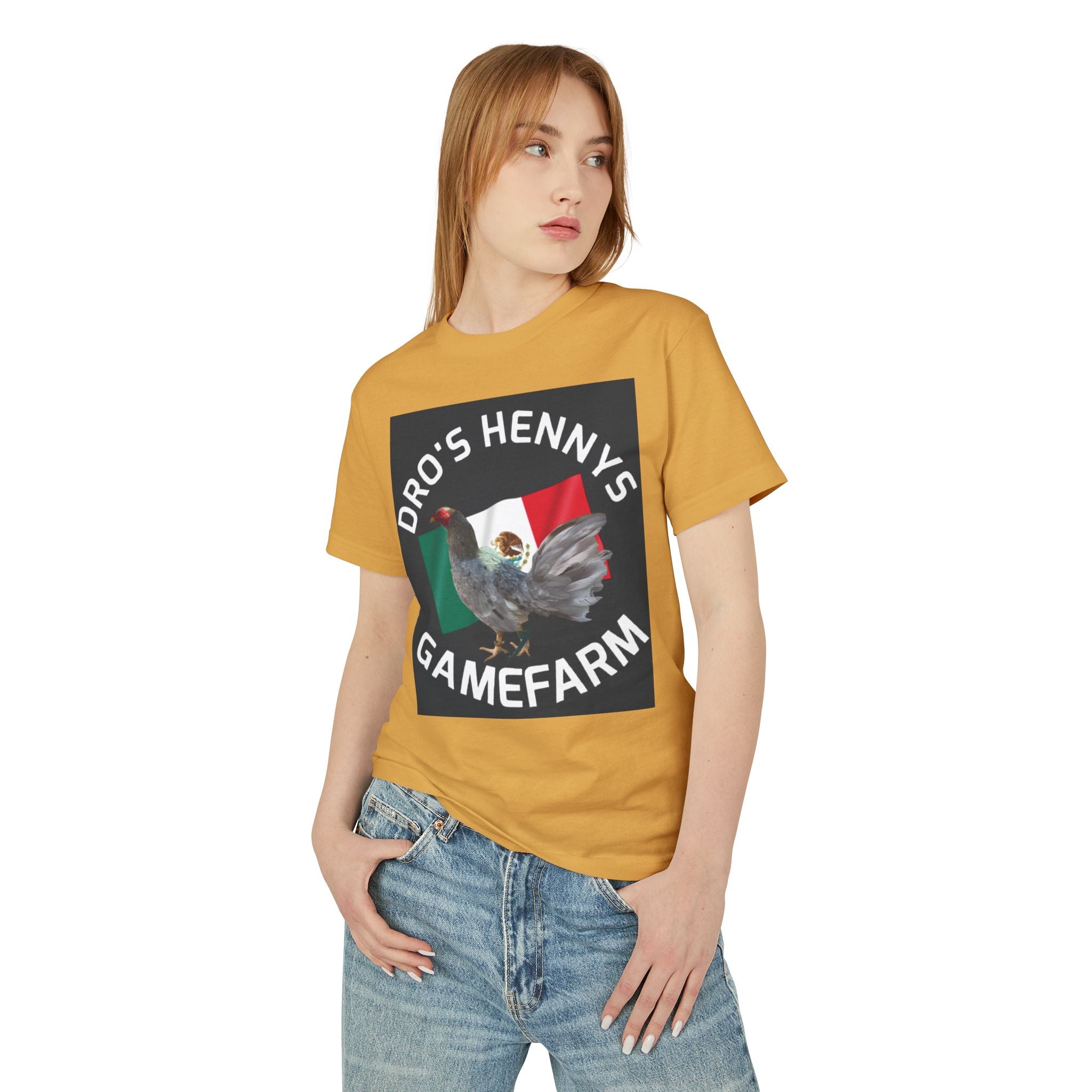 Henny-Gamefarm Hen T‑Shirt — "Dro's Henny's Gamefarm" Mexican Flag Poultry Tee