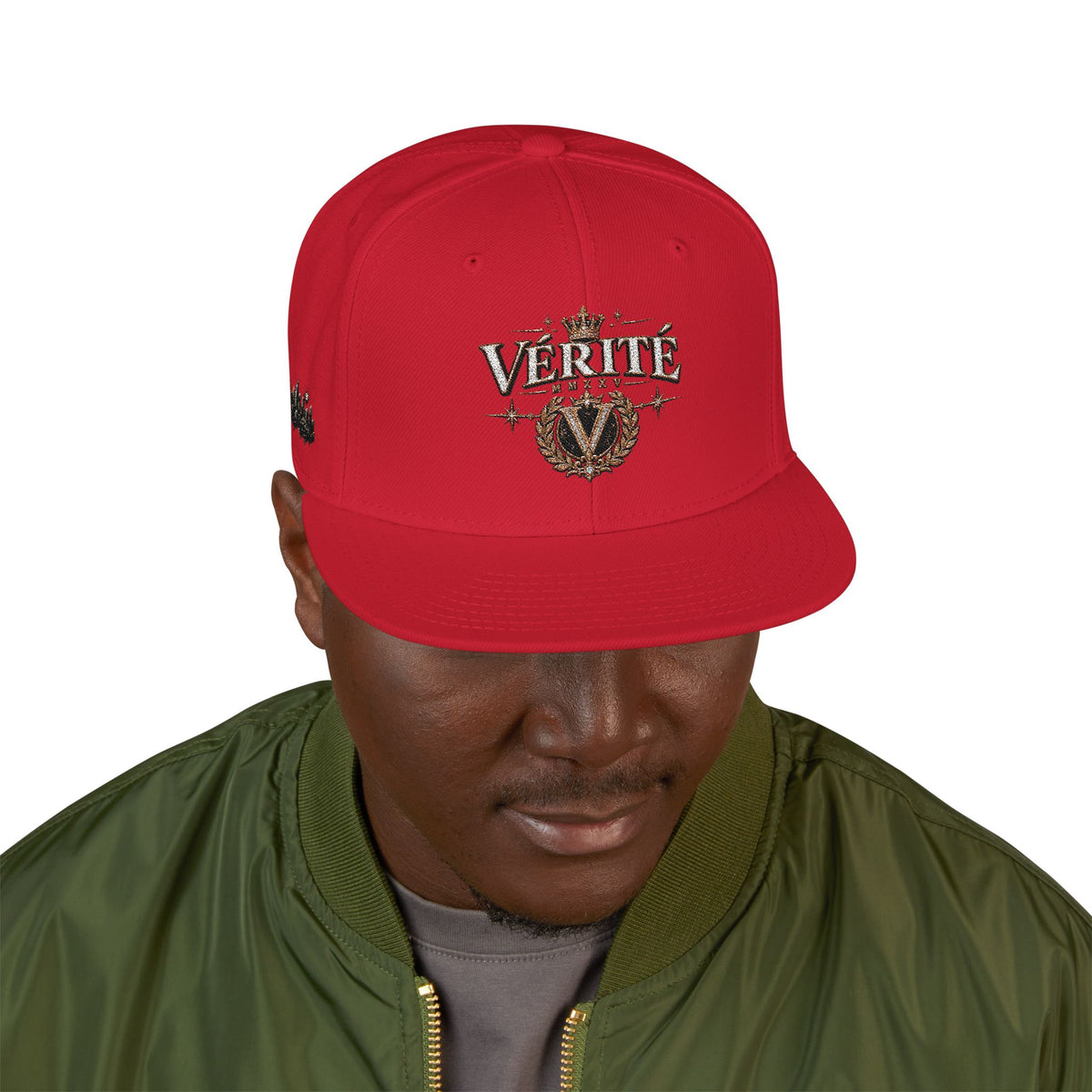Hat-Embroidered 'Verité' Snapback Hat – Gold Sparkle Logo