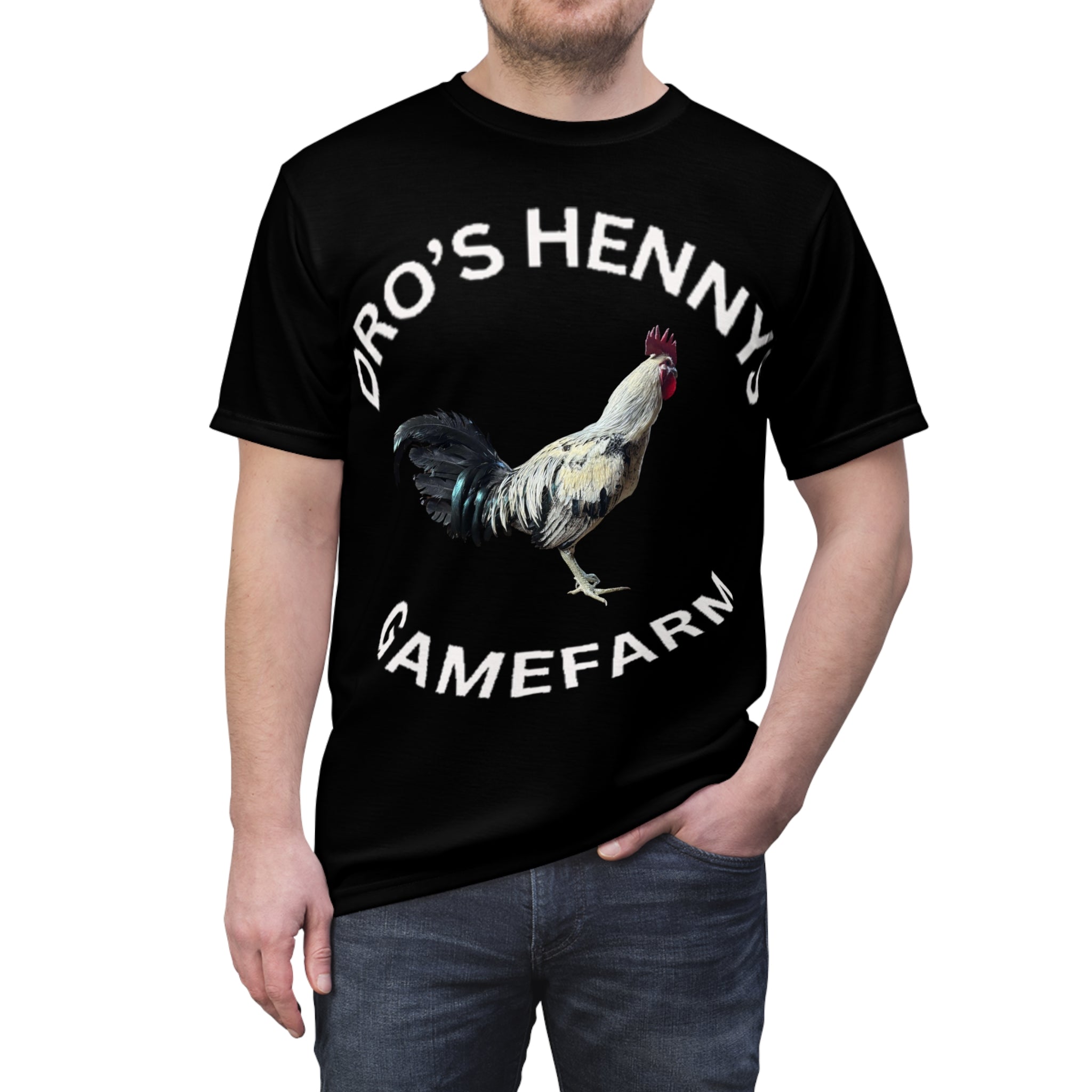 Henny-Gamefarm Rooster T-Shirt — "Dro's Hennys Gamefarm" Rooster Graphic Tee