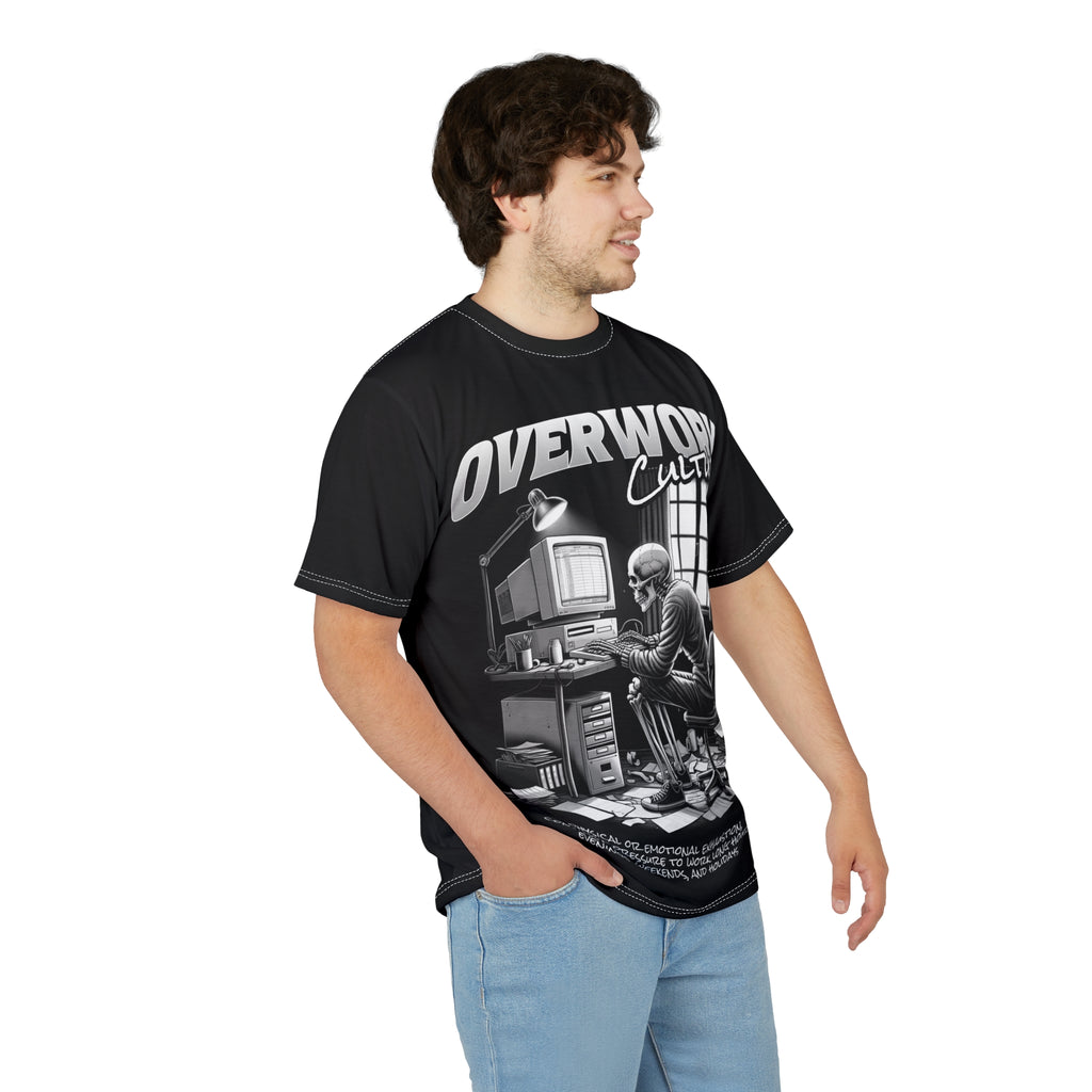 Mindset-Overwork Culture Tee — Skeleton at Desk All-Over Print