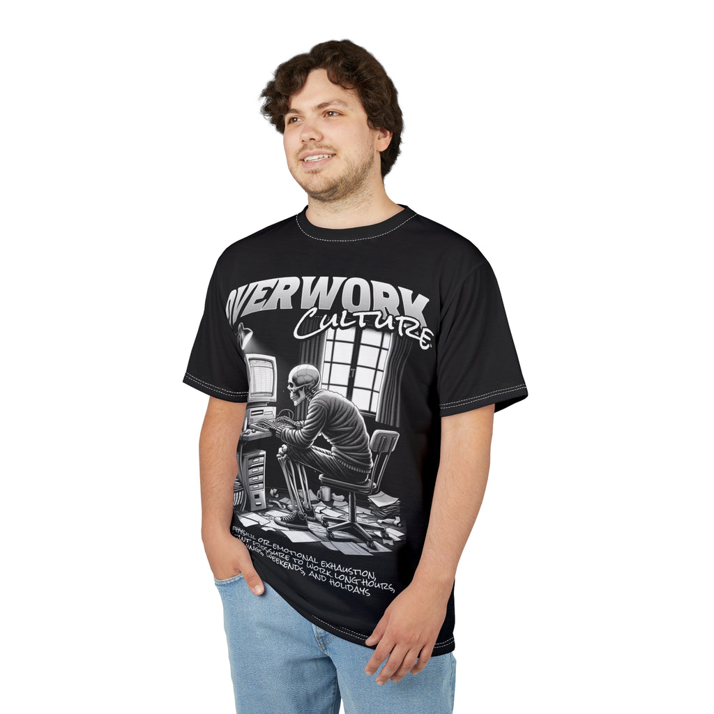Mindset-Overwork Culture Tee — Skeleton at Desk All-Over Print