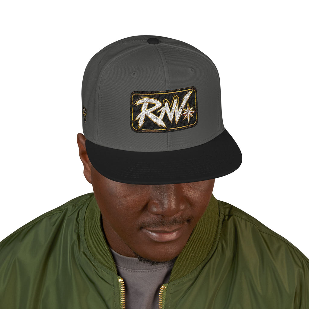 Hat-Embroidered Snapback Hat – Gold Glitter 'RW' Logo Flat Brim Cap