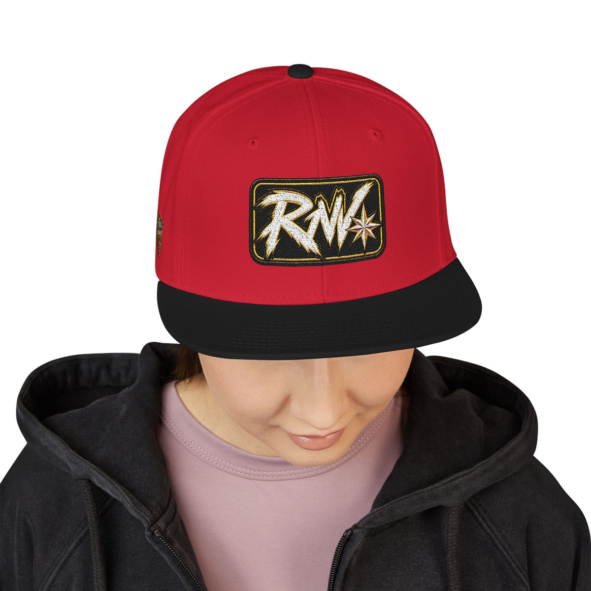 Hat-Embroidered Snapback Hat – Gold Glitter 'RW' Logo Flat Brim Cap