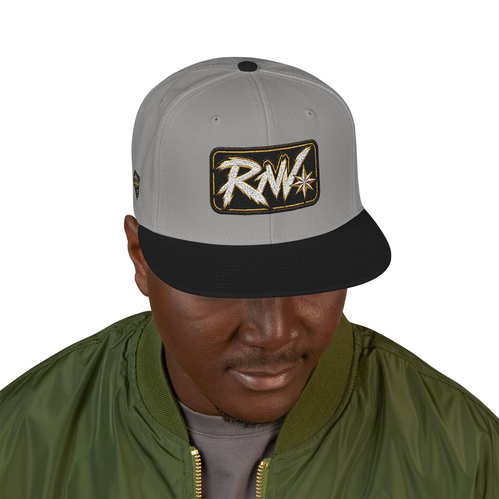 Hat-Embroidered Snapback Hat – Gold Glitter 'RW' Logo Flat Brim Cap