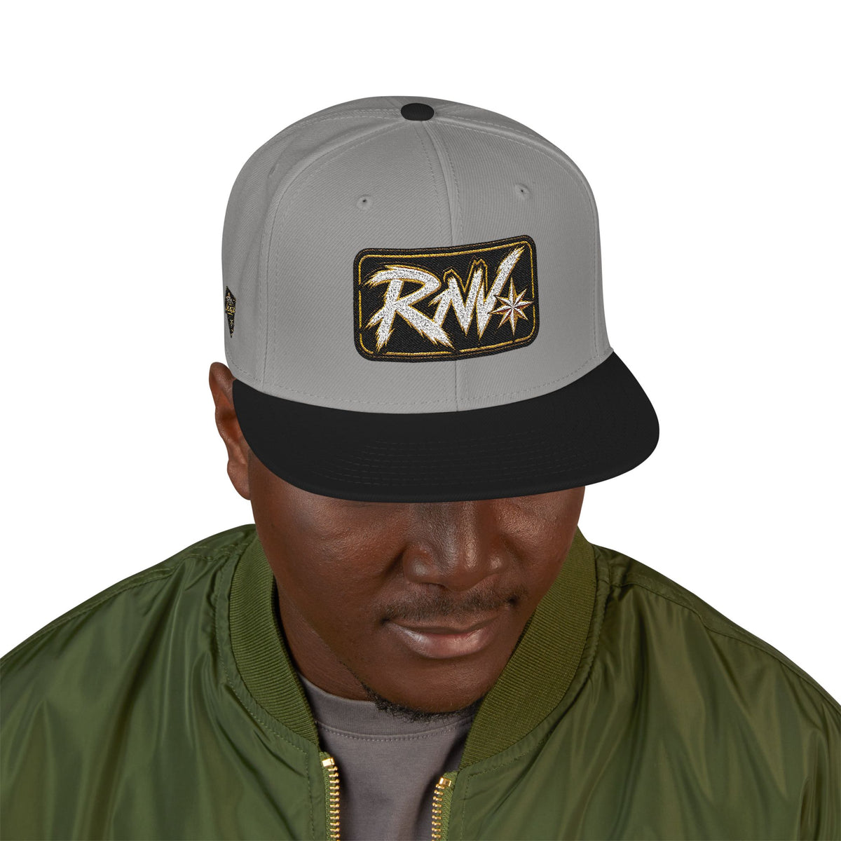 Hat-Embroidered Snapback Hat – Gold Glitter 'RW' Logo Flat Brim Cap