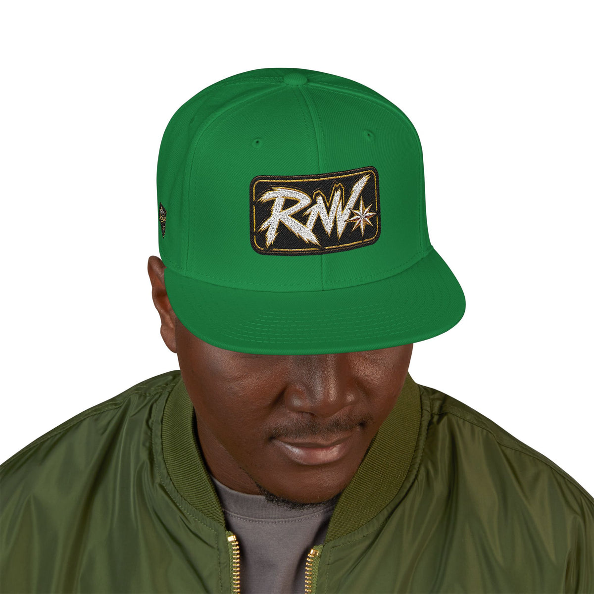 Hat-Embroidered Snapback Hat – Gold Glitter 'RW' Logo Flat Brim Cap