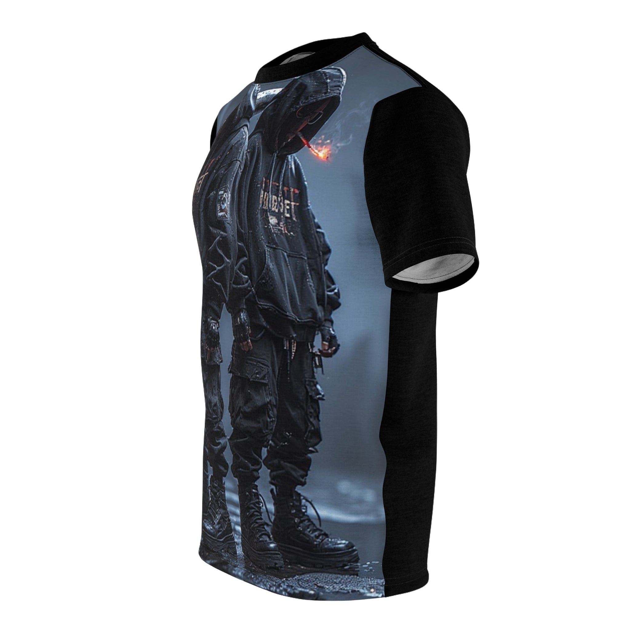 Mindset- Dystopian Streetwear Tee — Twin Hooded Figures All-Over Print