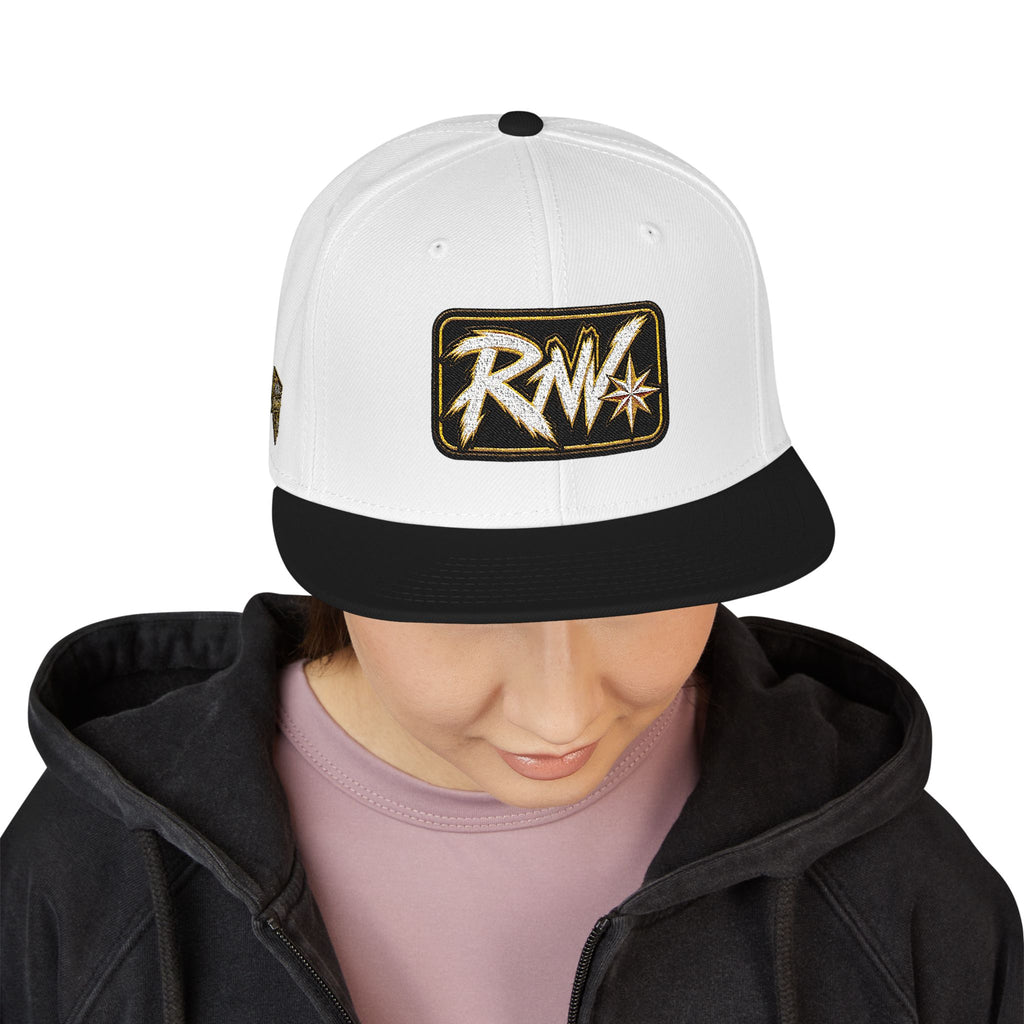 Hat-Embroidered Snapback Hat – Gold Glitter 'RW' Logo Flat Brim Cap