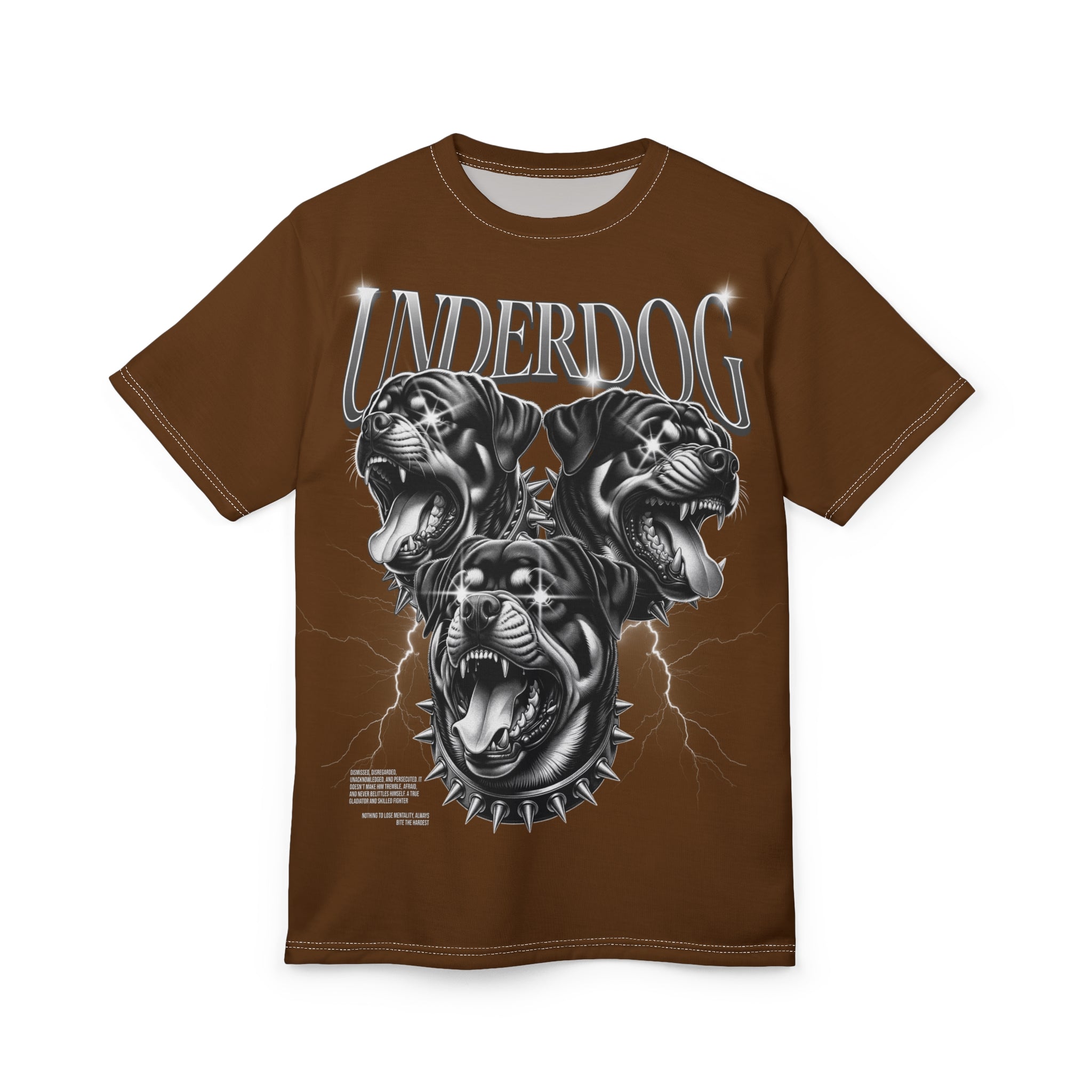 Streetwear- Underdog Triple-Headed Pitbull Tee — Graphic Brown AOP Shirt