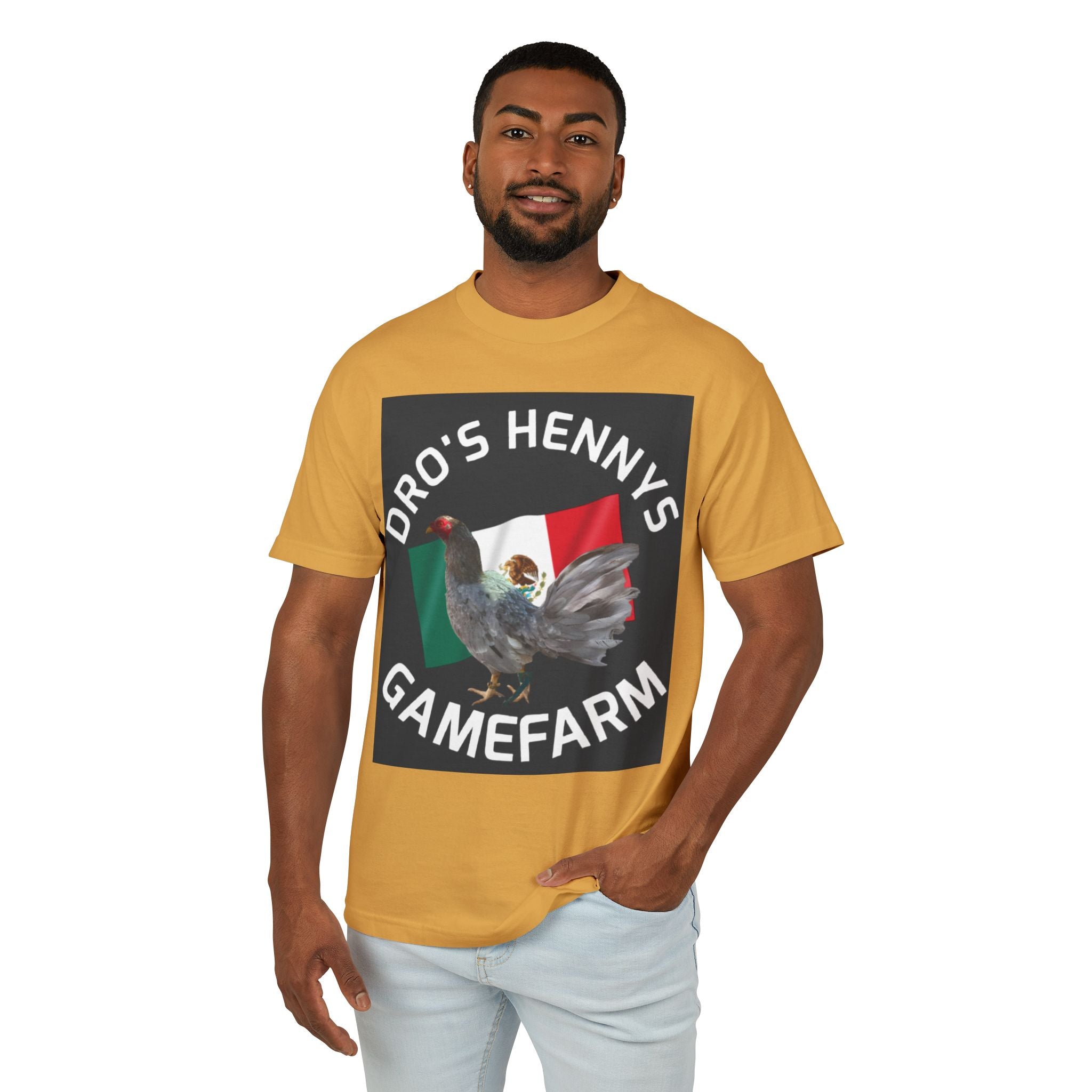 Henny-Gamefarm Hen T‑Shirt — "Dro's Henny's Gamefarm" Mexican Flag Poultry Tee