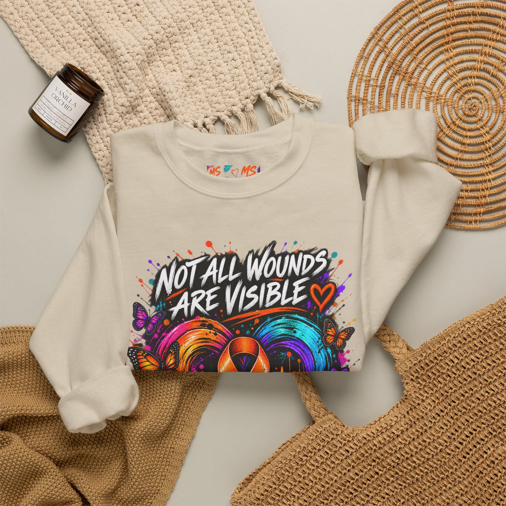 MS- Awareness Crewneck Sweatshirt — "Not All Wounds Are Visible" Orange Ribbon Design