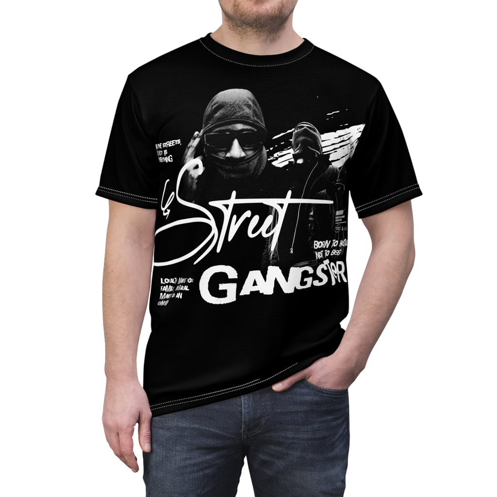 Streetwear- Street Gangster Graphic Tee — "Street Gangster" Black All-Over Print Shirt