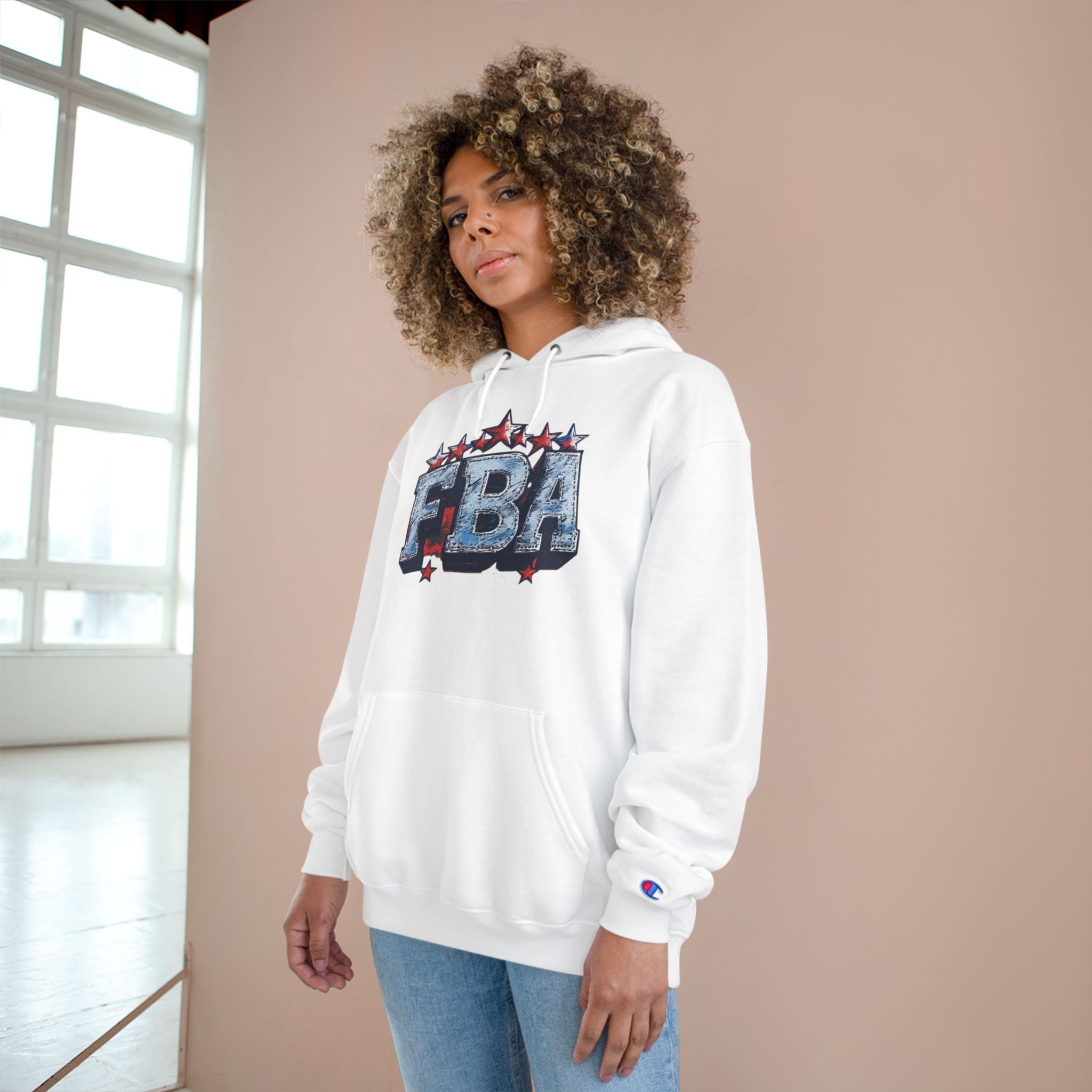 FBA- Graphic Hoodie — Retro Neon Fist & Star Emblem Champion Sweatshirt