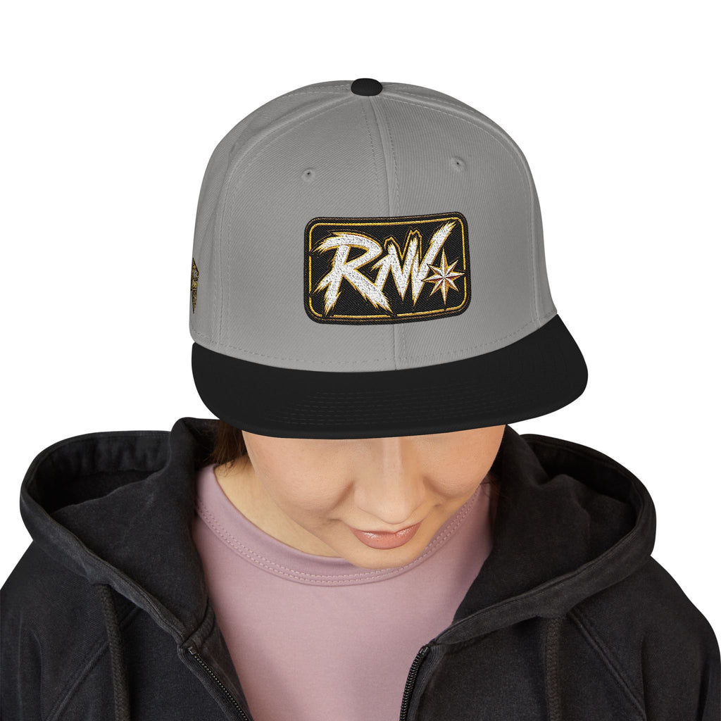 Hat-Embroidered Snapback Hat – Gold Glitter 'RW' Logo Flat Brim Cap