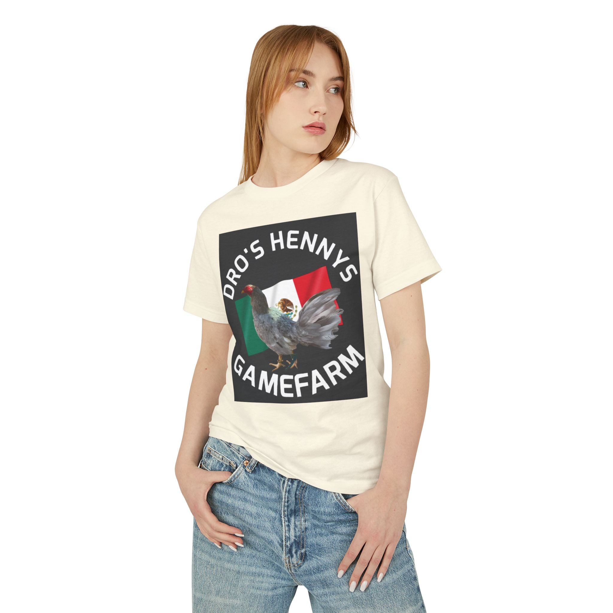 Henny-Gamefarm Hen T‑Shirt — "Dro's Henny's Gamefarm" Mexican Flag Poultry Tee