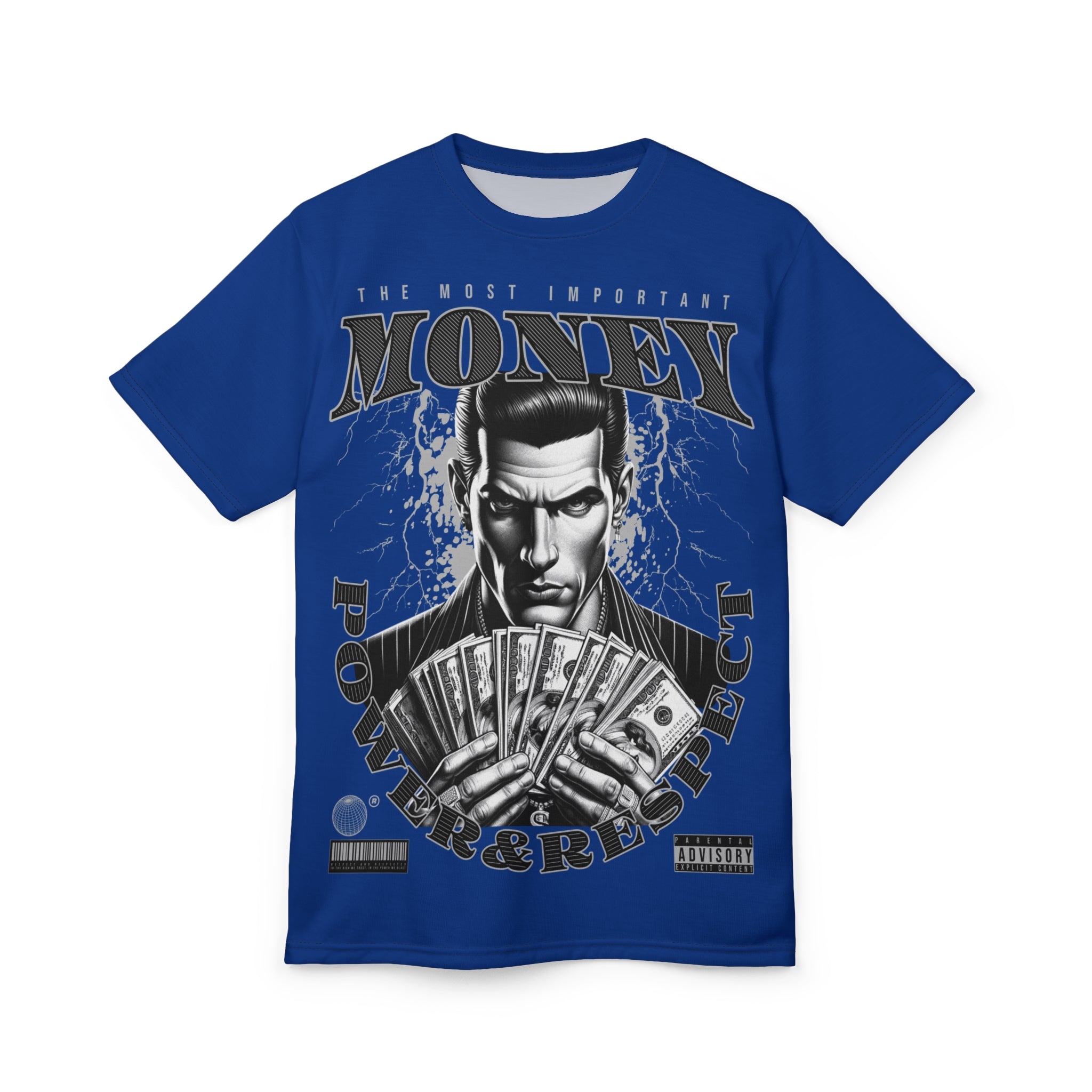 Streetwear-Money Power & Respect Graphic Tee — Bold Blue All-Over Print