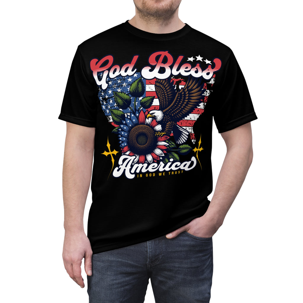 America-God Bless America Tee — Patriotic Eagle & Sunflower All-Over Print