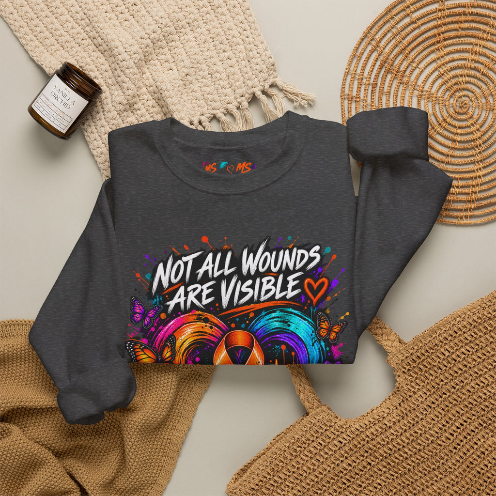 MS- Awareness Crewneck Sweatshirt — "Not All Wounds Are Visible" Orange Ribbon Design