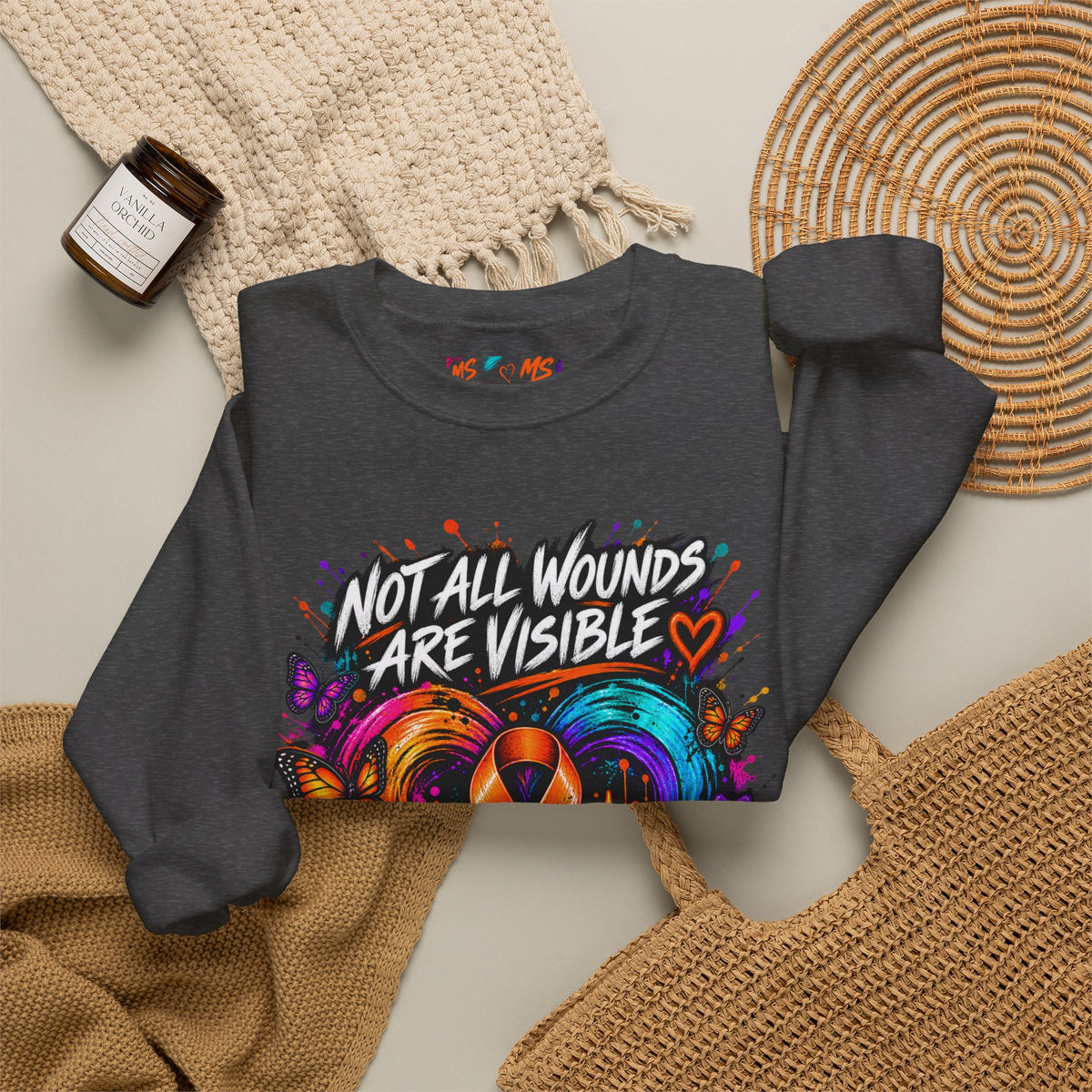 MS- Awareness Crewneck Sweatshirt — "Not All Wounds Are Visible" Orange Ribbon Design