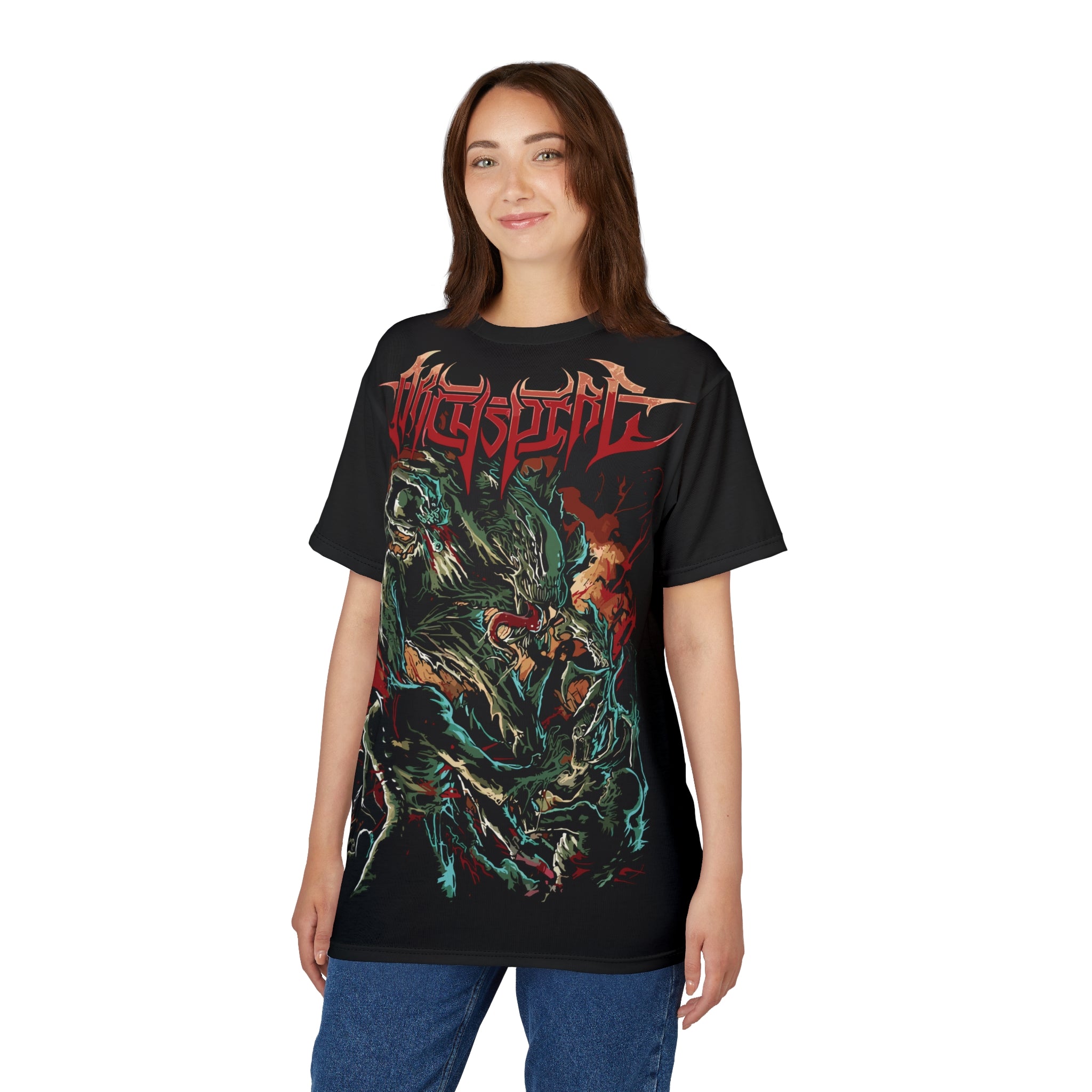 Rock-Death Metal Monster Graphic Tee — 'Whispered' All-Over Print Band Shirt