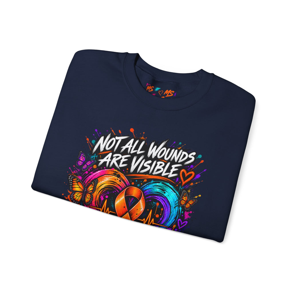 MS- Awareness Crewneck Sweatshirt — "Not All Wounds Are Visible" Orange Ribbon Design