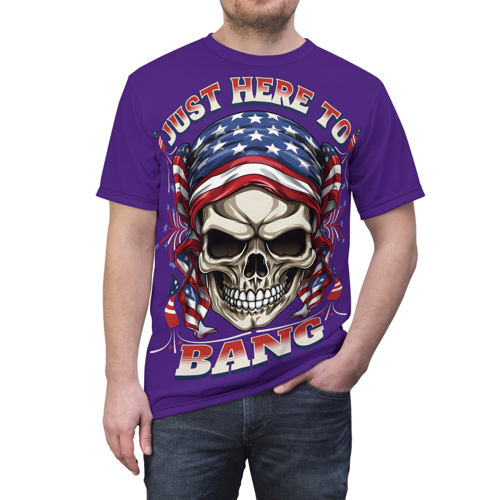 America-Patriotic Skull Tee — "Just Here to Bang" American Flag Graphic Shirt