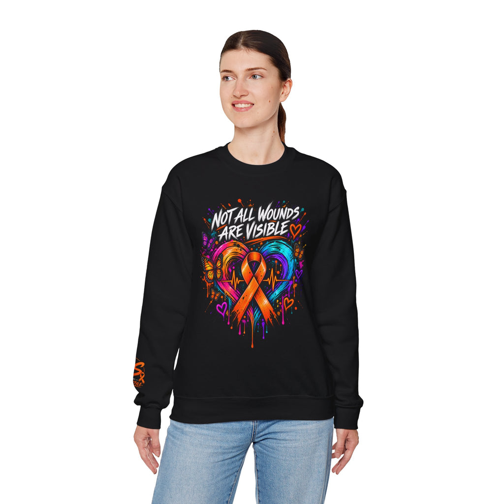 MS- Awareness Crewneck Sweatshirt — "Not All Wounds Are Visible" Orange Ribbon Design