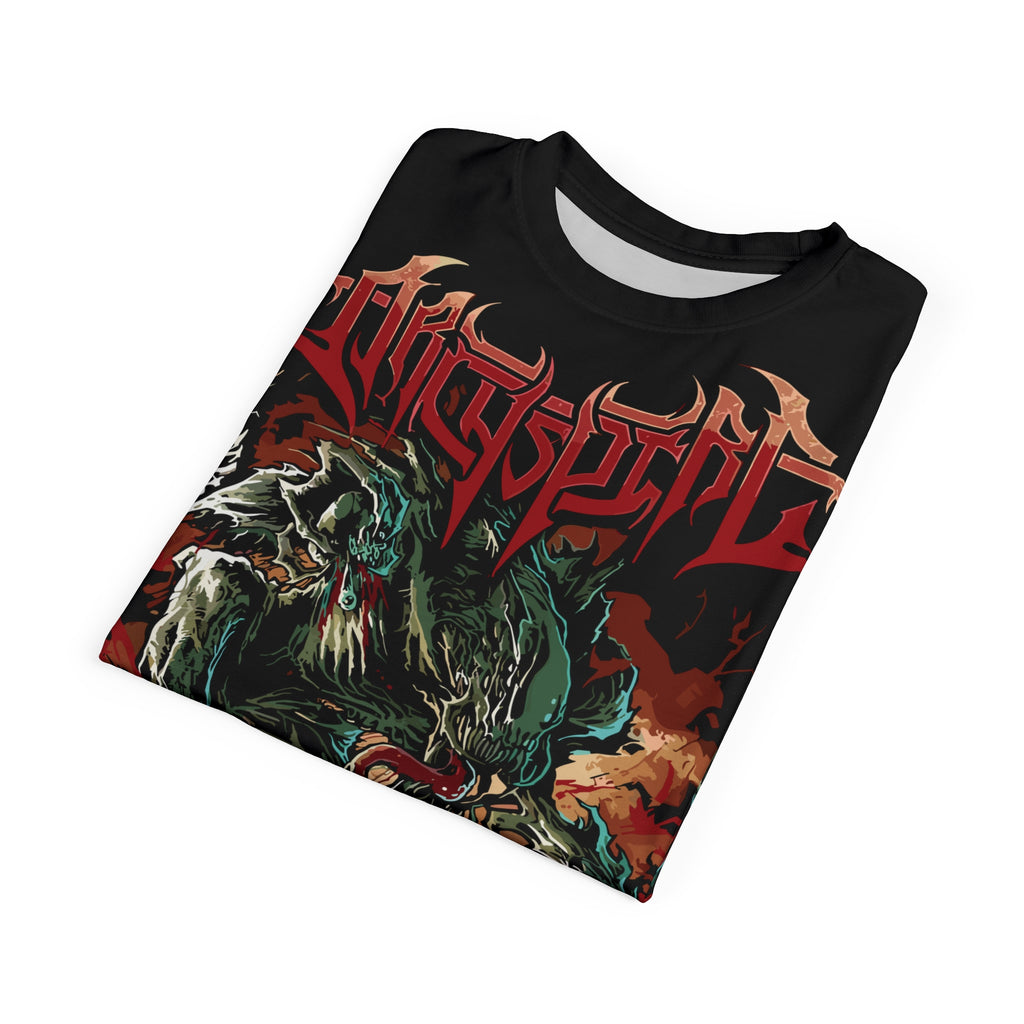 Rock-Death Metal Monster Graphic Tee — 'Whispered' All-Over Print Band Shirt