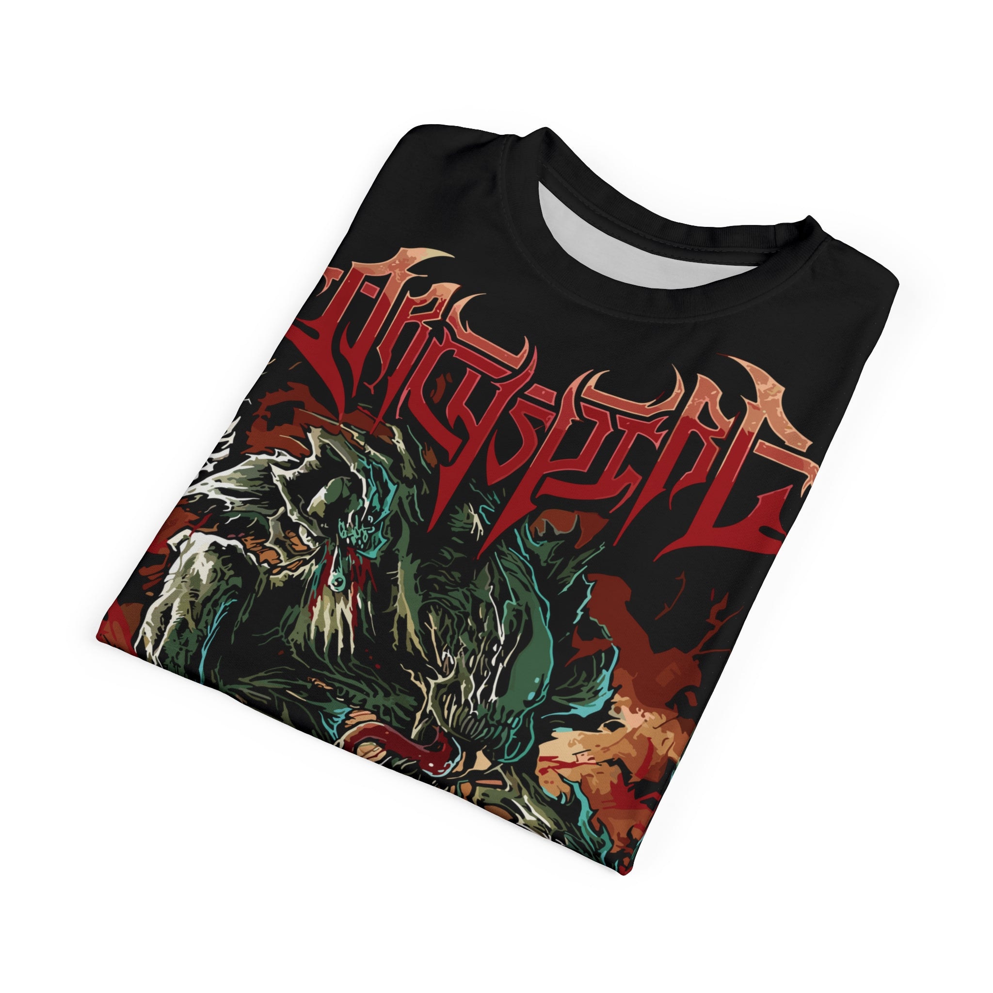 Rock-Death Metal Monster Graphic Tee — 'Whispered' All-Over Print Band Shirt