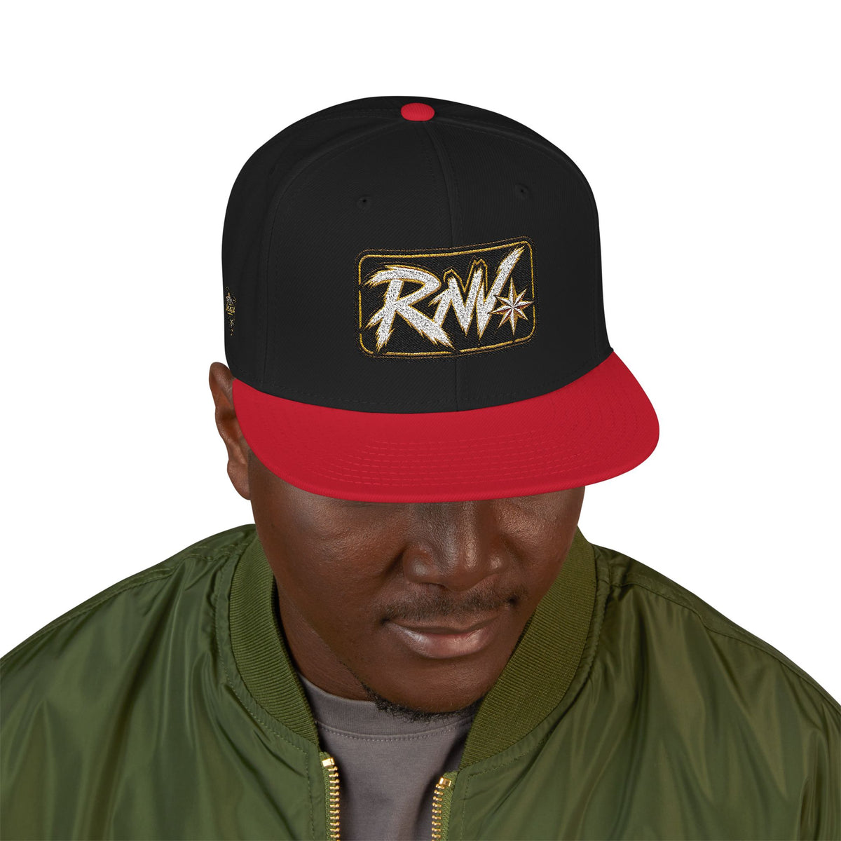 Hat-Embroidered Snapback Hat – Gold Glitter 'RW' Logo Flat Brim Cap