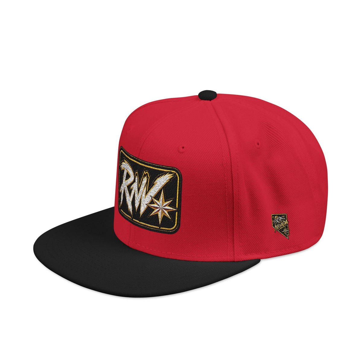 Hat-Embroidered Snapback Hat – Gold Glitter 'RW' Logo Flat Brim Cap