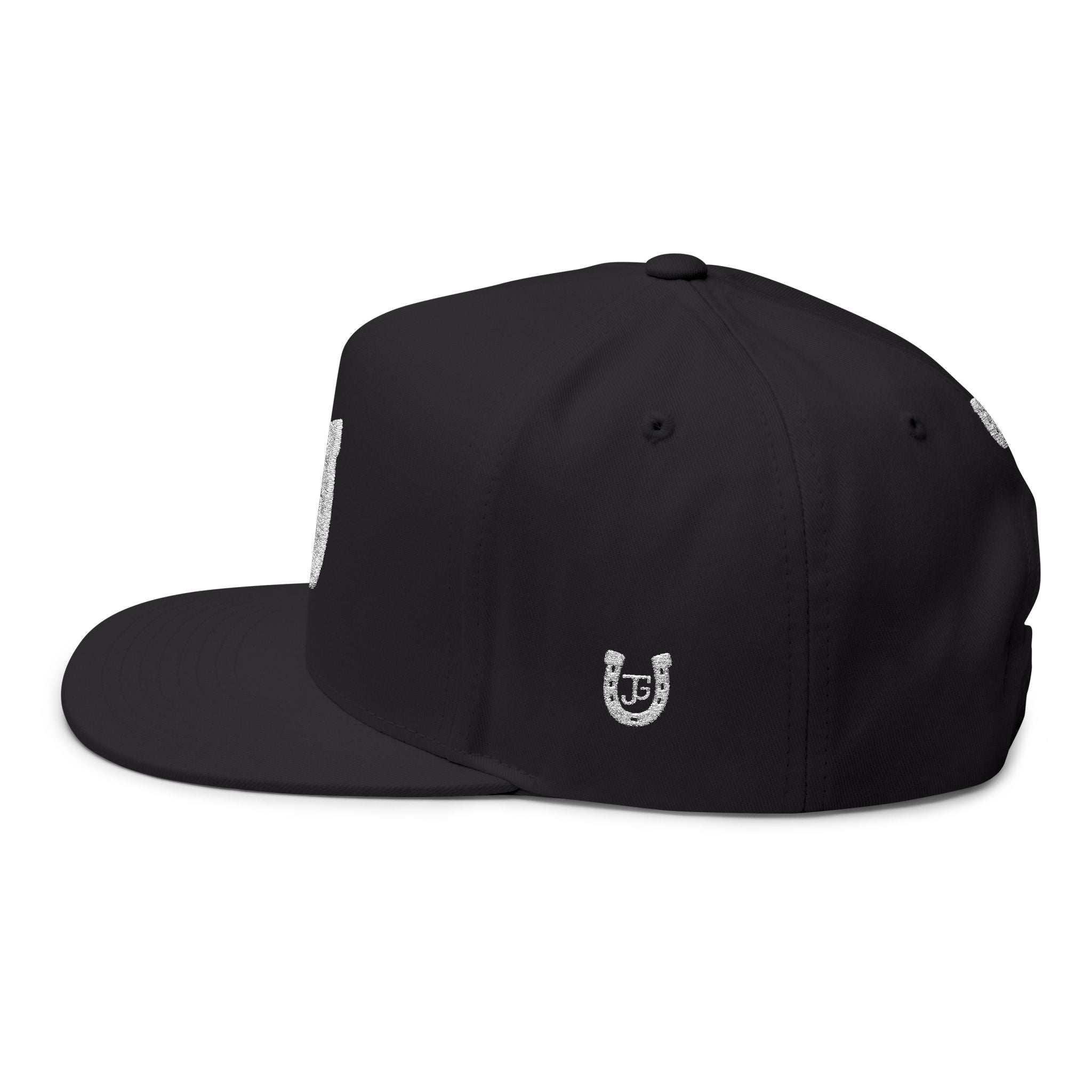 JG-Embroidered Horseshoe Flat Bill Cap — Lucky JG Logo Snapback