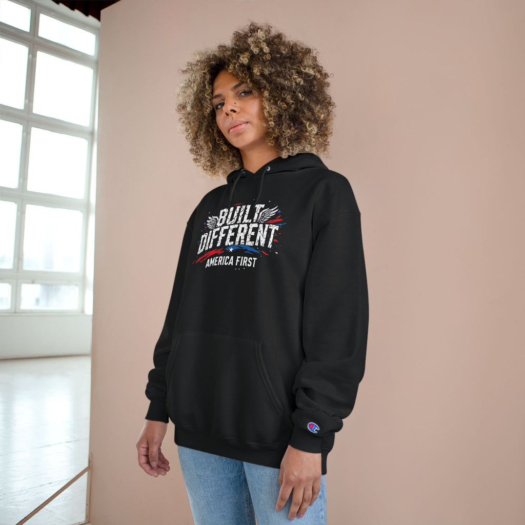 Ant-America First Champion Hoodie — 'Built Different' Patriotic Eagle Pullover