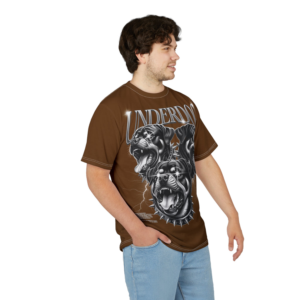 Streetwear- Underdog Triple-Headed Pitbull Tee — Graphic Brown AOP Shirt