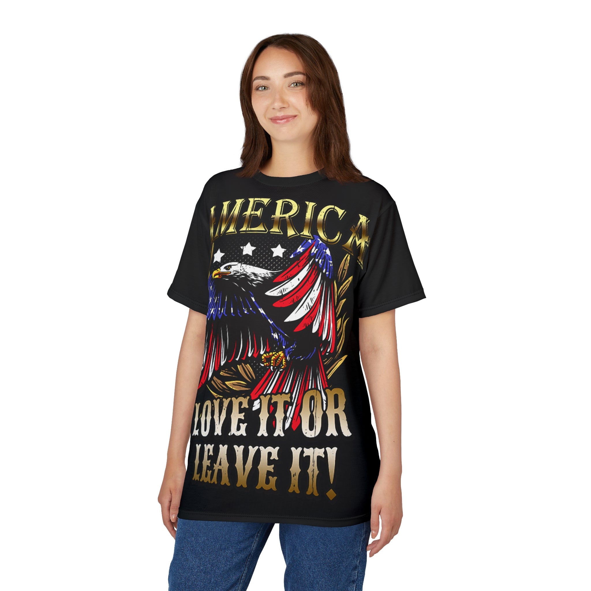 America-Patriotic- Eagle Tee — "America: Love It or Leave It" All-Over Print