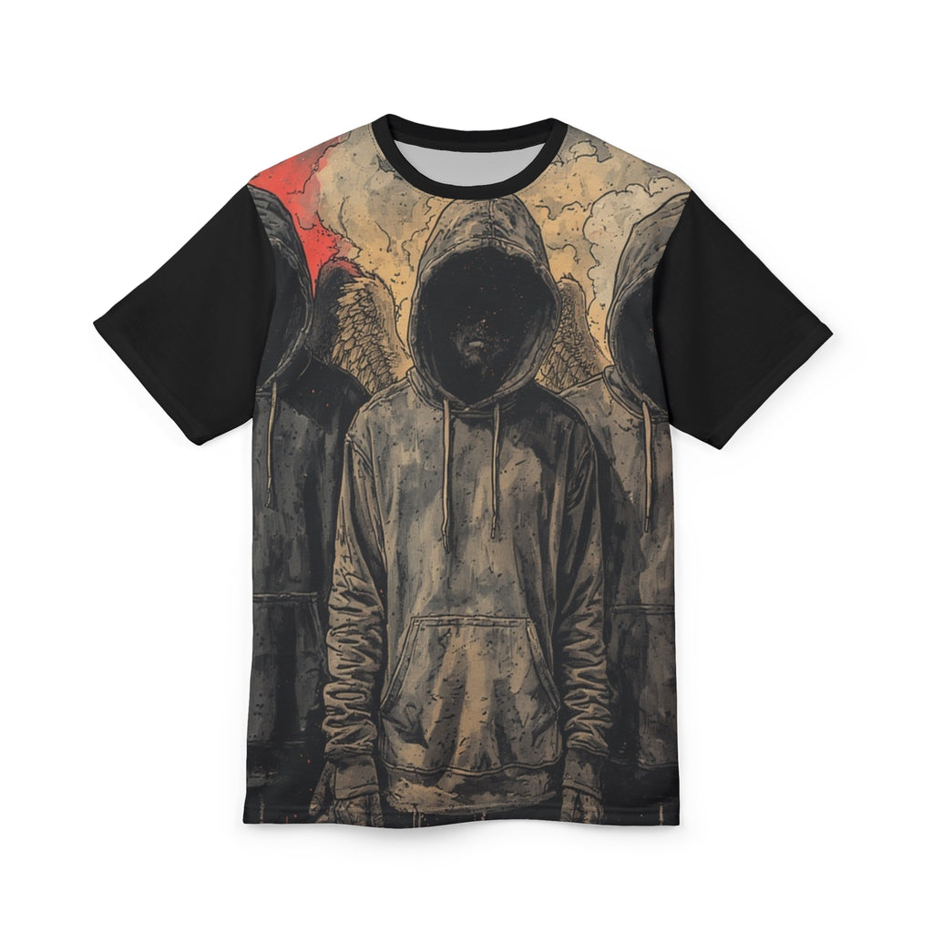 Mindset-Grim Hooded Angel Graphic Tee — Dark Streetwear All-Over Print