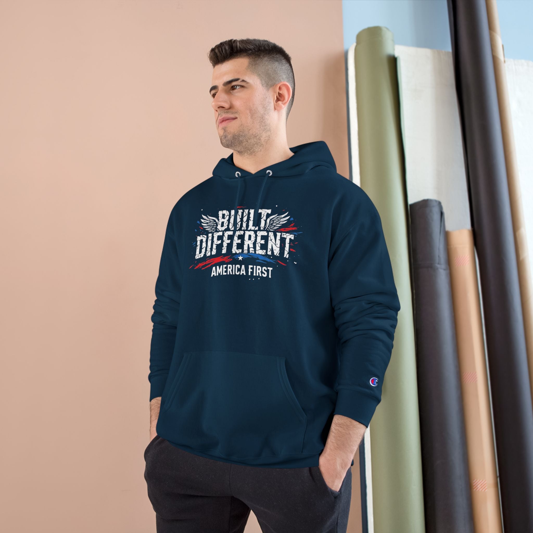 Ant-America First Champion Hoodie — 'Built Different' Patriotic Eagle Pullover