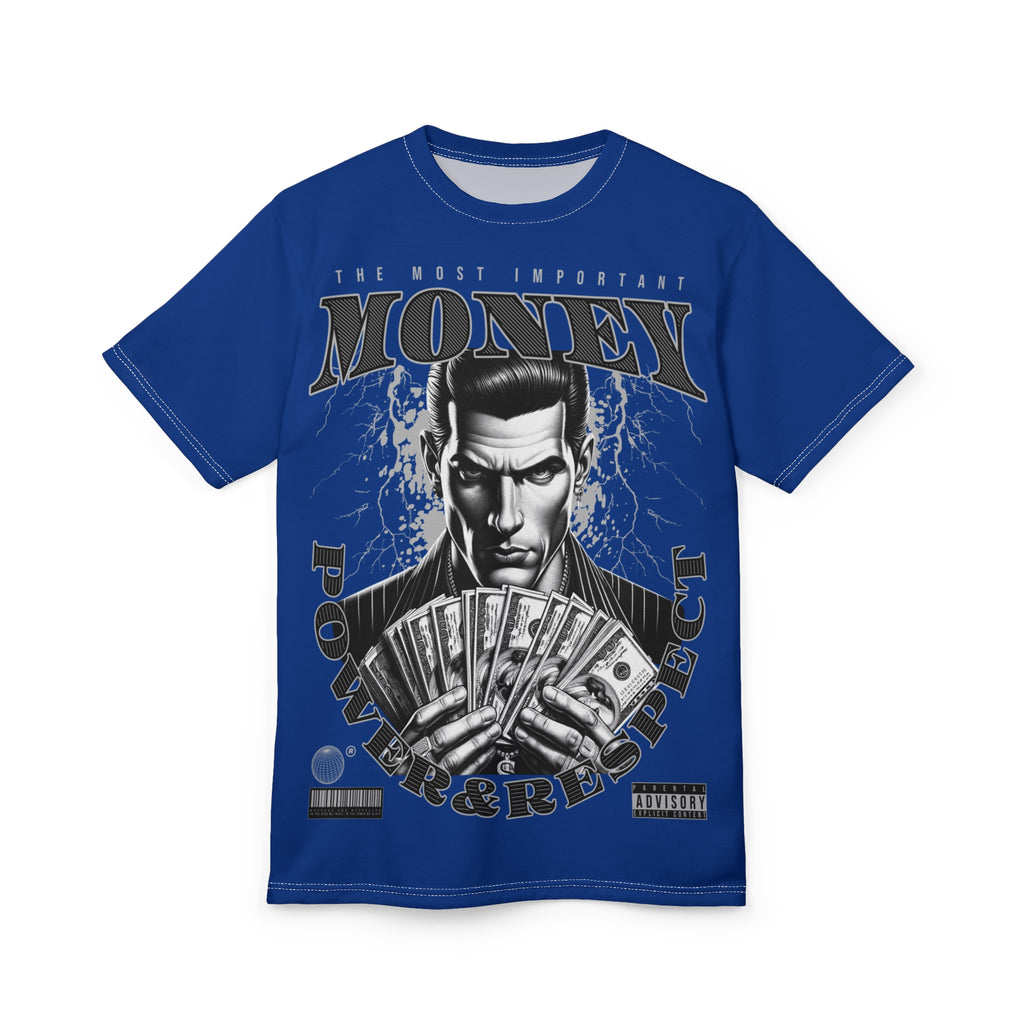 Streetwear-Money Power & Respect Graphic Tee — Bold Blue All-Over Print