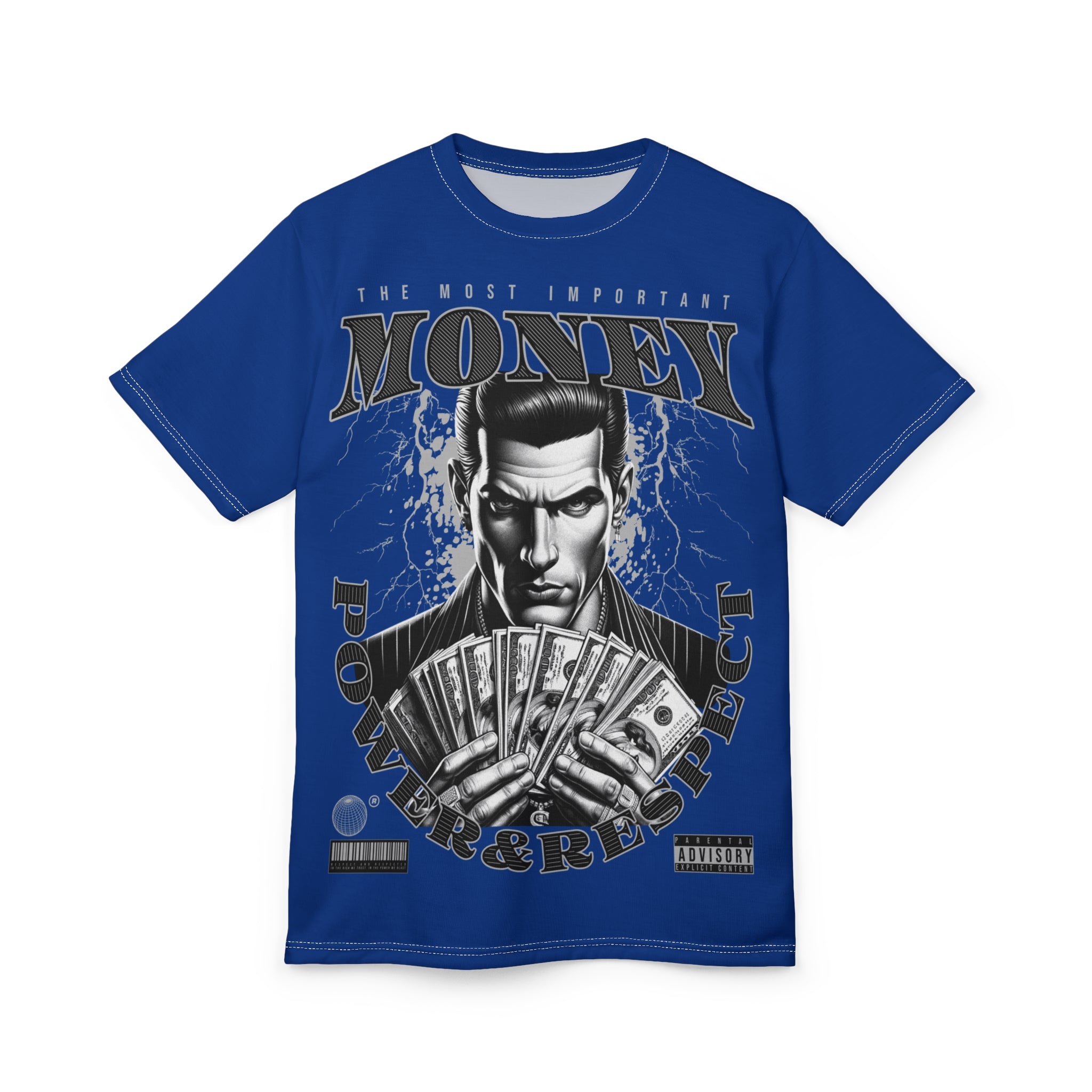 Streetwear-Money Power & Respect Graphic Tee — Bold Blue All-Over Print