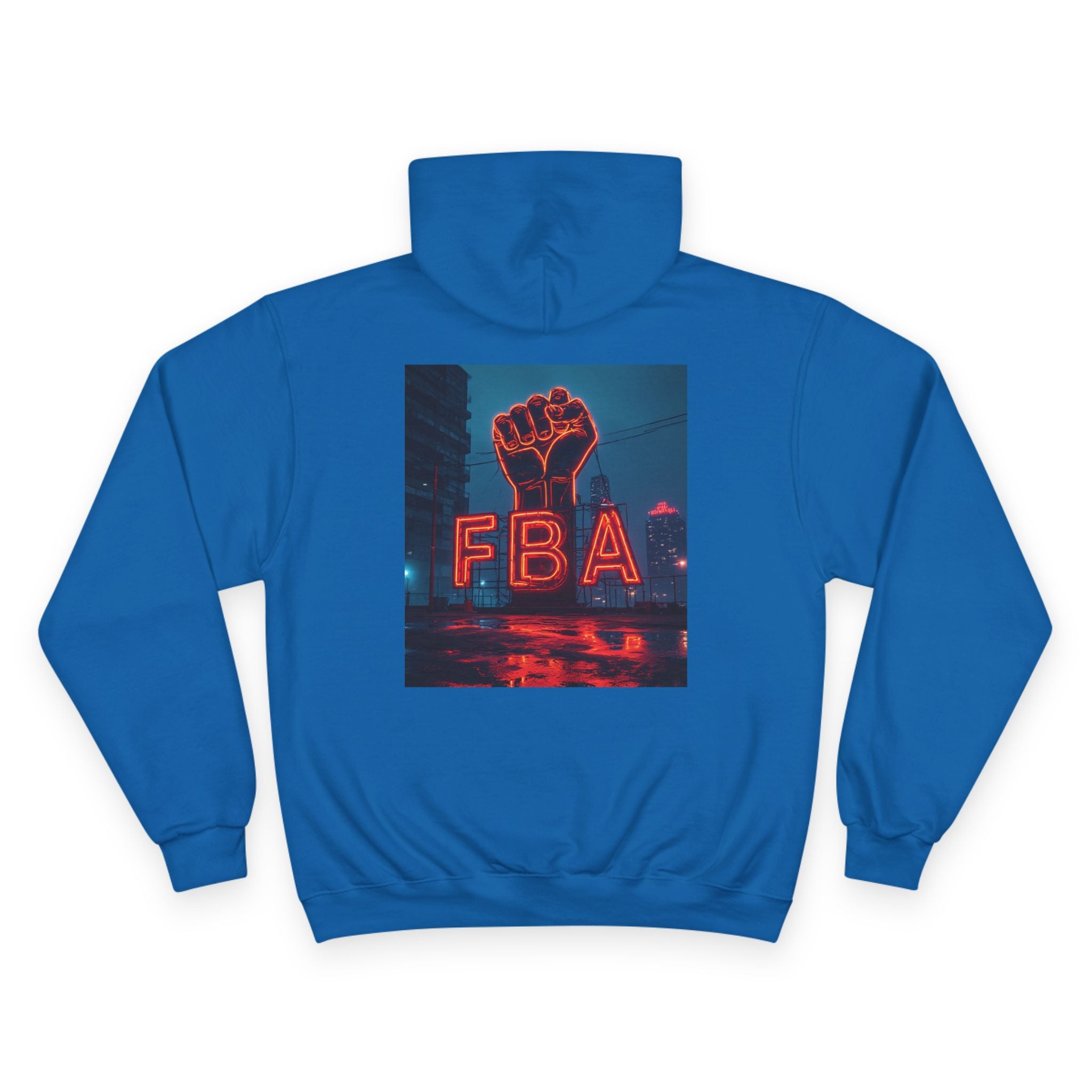 FBA- Graphic Hoodie — Retro Neon Fist & Star Emblem Champion Sweatshirt