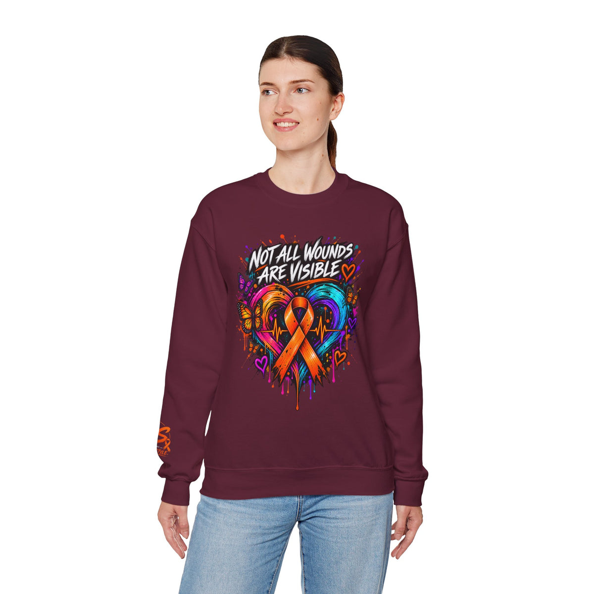 MS- Awareness Crewneck Sweatshirt — "Not All Wounds Are Visible" Orange Ribbon Design