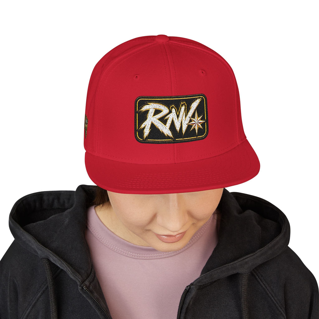 Hat-Embroidered Snapback Hat – Gold Glitter 'RW' Logo Flat Brim Cap