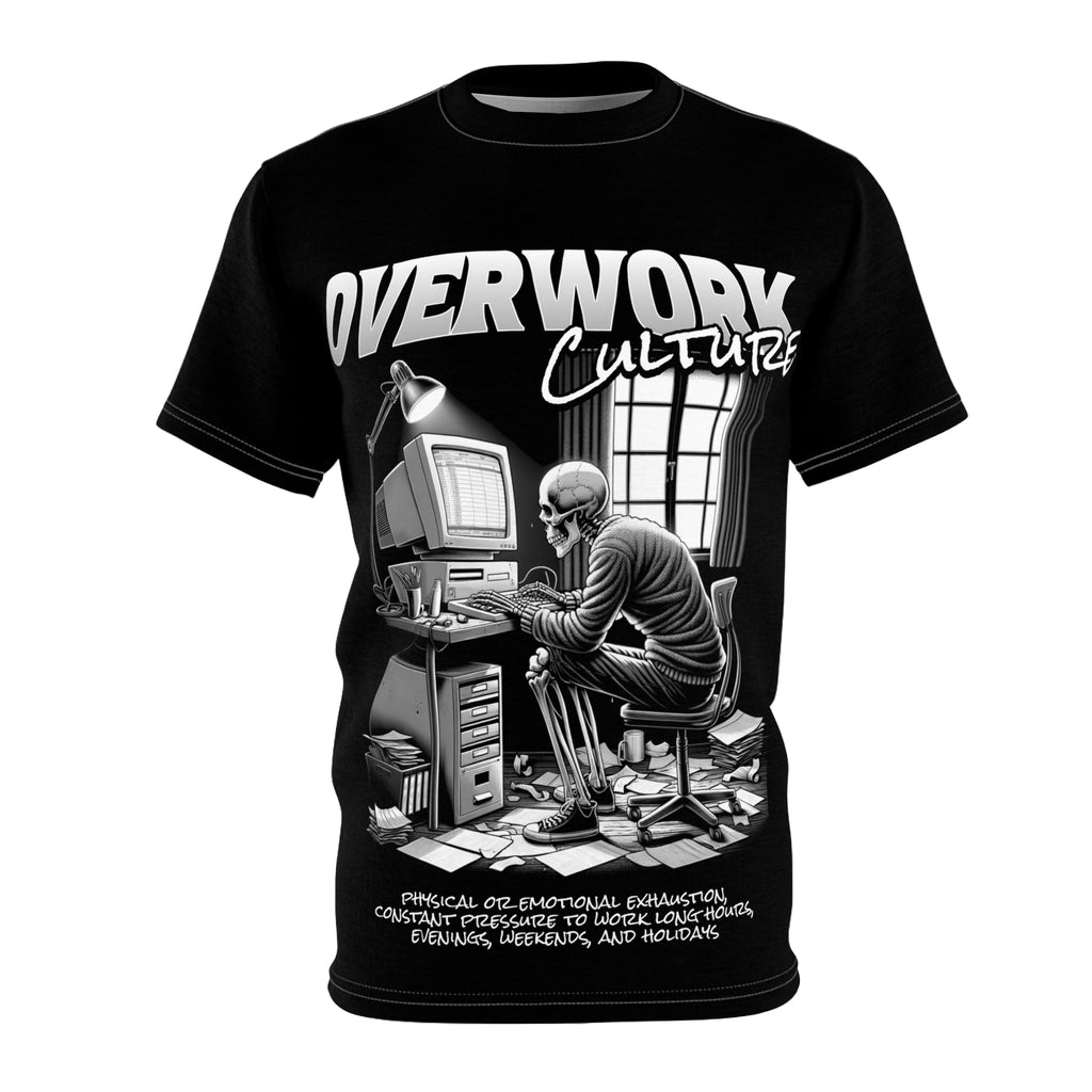 Mindset-Overwork Culture Tee — Skeleton at Desk All-Over Print