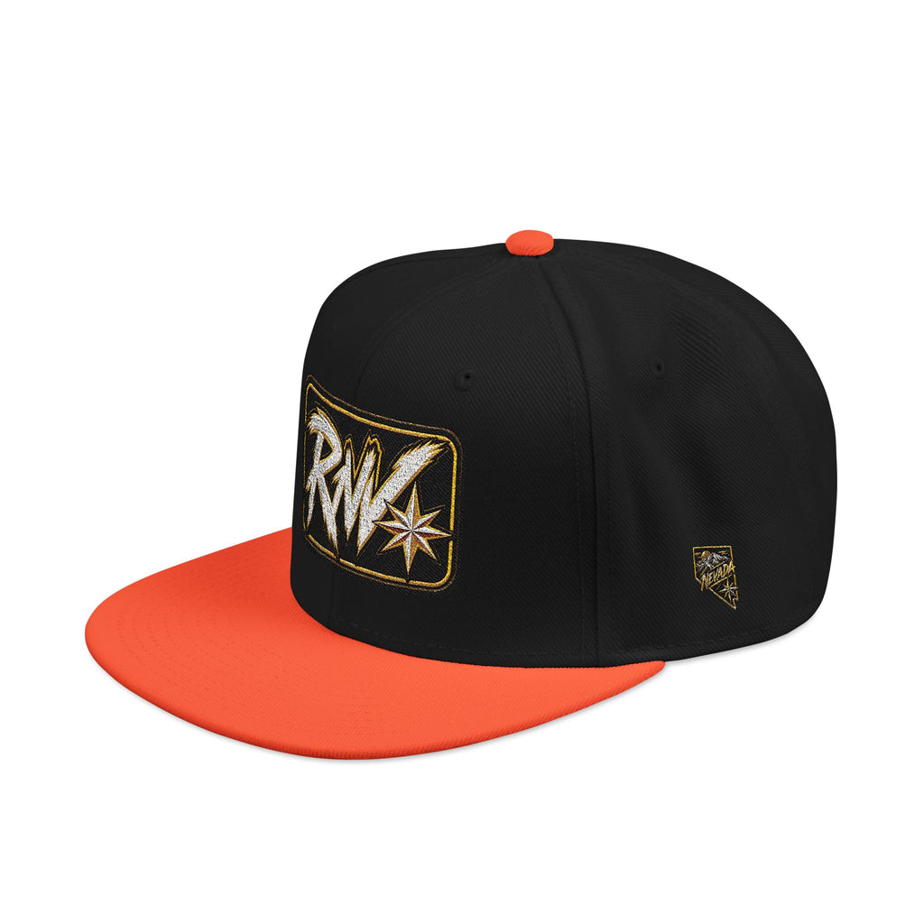 Hat-Embroidered Snapback Hat – Gold Glitter 'RW' Logo Flat Brim Cap