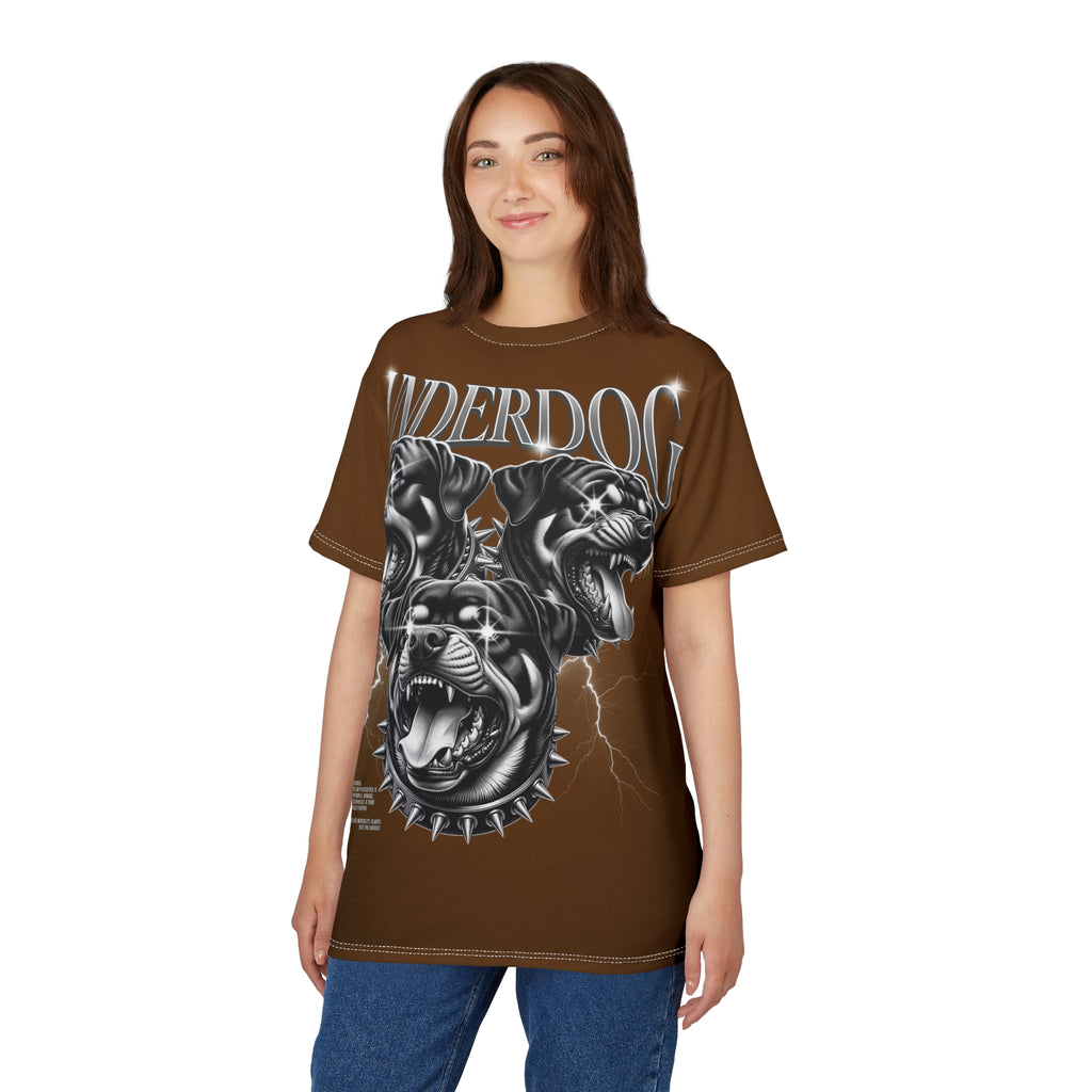 Streetwear- Underdog Triple-Headed Pitbull Tee — Graphic Brown AOP Shirt