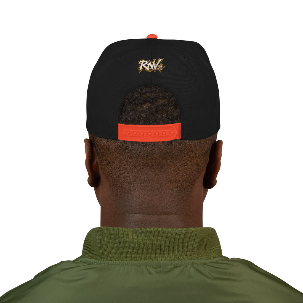 Hat-Embroidered Snapback Hat – Gold Glitter 'RW' Logo Flat Brim Cap